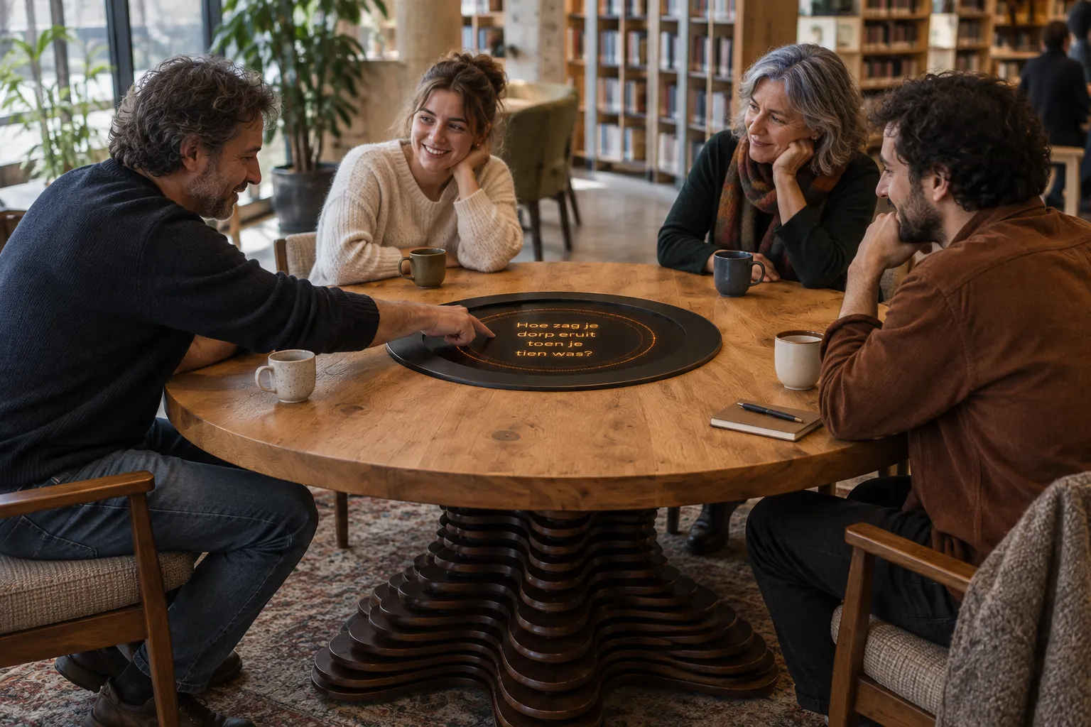 Visualisation conceptuelle de personnes autour de la table commune dans une bibliothèque de jour, avec un sujet de conversation en néerlandais à l’écran.