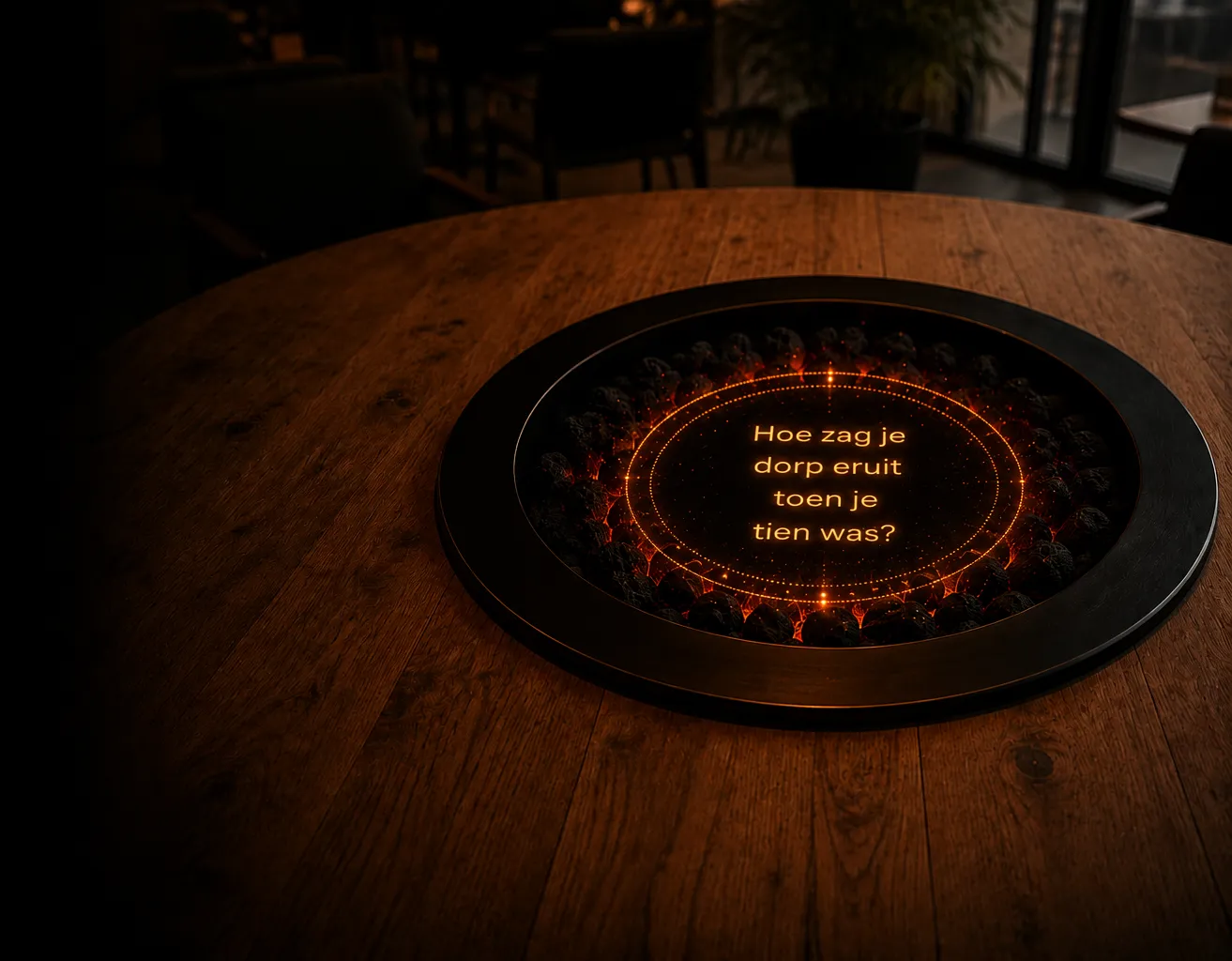 Visualisatie van een Nederlandstalige gespreksstarter op het Hearth-scherm.